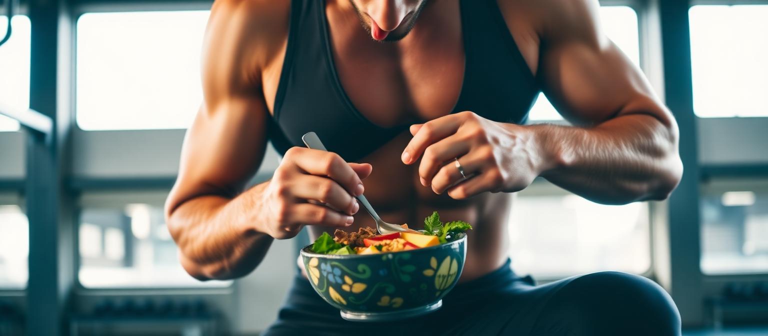 An athlete eating a healthy meal in a bright modern gym